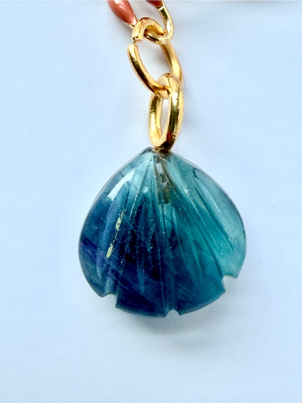 Gold chain Choker w/ Multicolor Enamel Links and Blue Fluorite Handcarved Shell